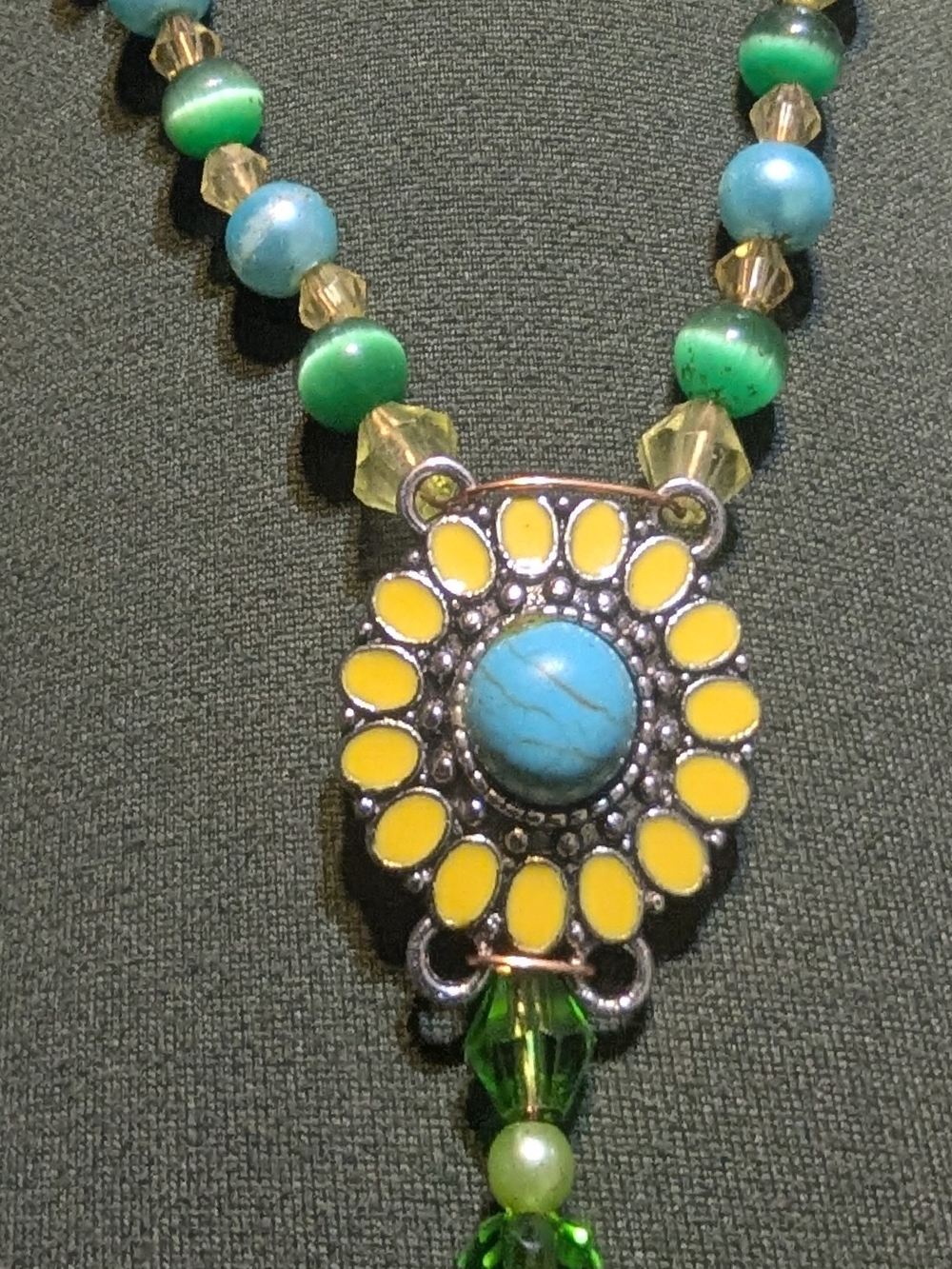 Yellow Enamel Sunburst Necklace with Turquoise Accent